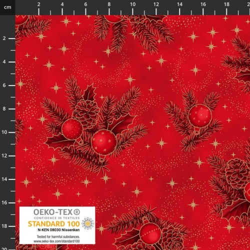 Christmas Time - Stars. Ornaments & Pine Bronches - Red/Gold by Stoffabrics - Image 1