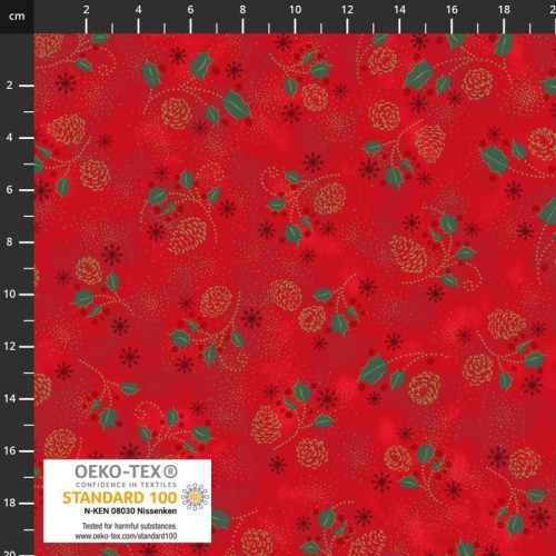 Snow Crystal - Pine Cones and Holly Leaves - Burgundy/Gold by Stoffabrics - Image 1