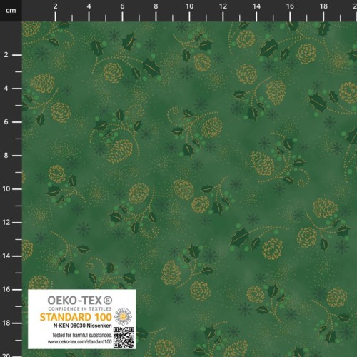 Snow Crystal - Pine Cones and Holly Leaves - Dark Green/Gold by Stoffabrics - Image 1